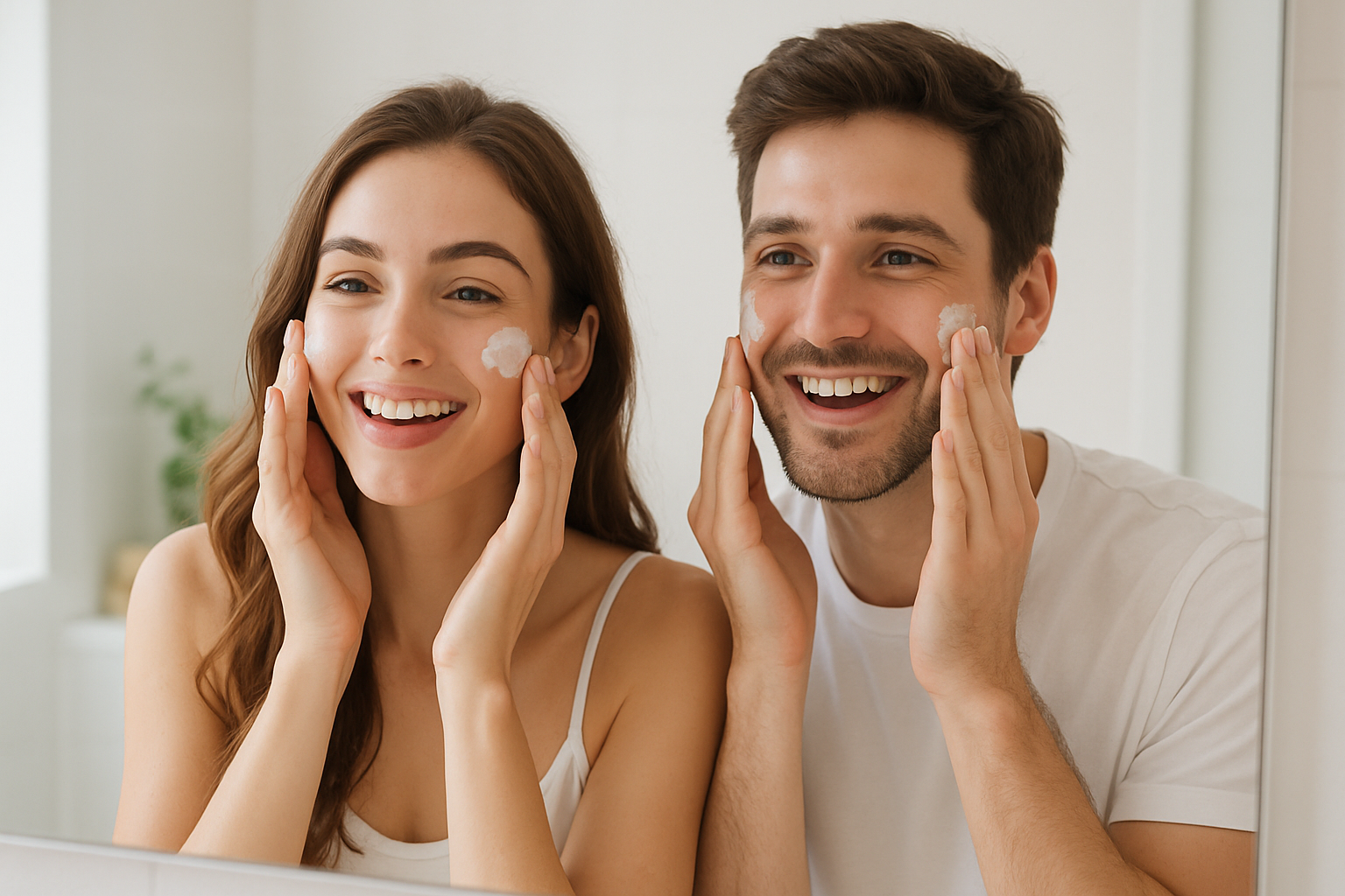 beautiful girl and guy applying cream on their face looking at the mirror and smiling